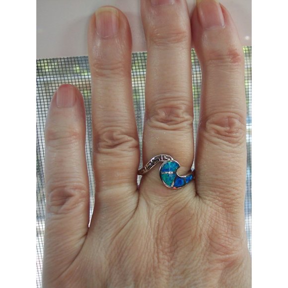 925 STERLING SILVER Lab Created Blue Fire Opal Greek Key & Wave Ring - Picture 2 of 16
